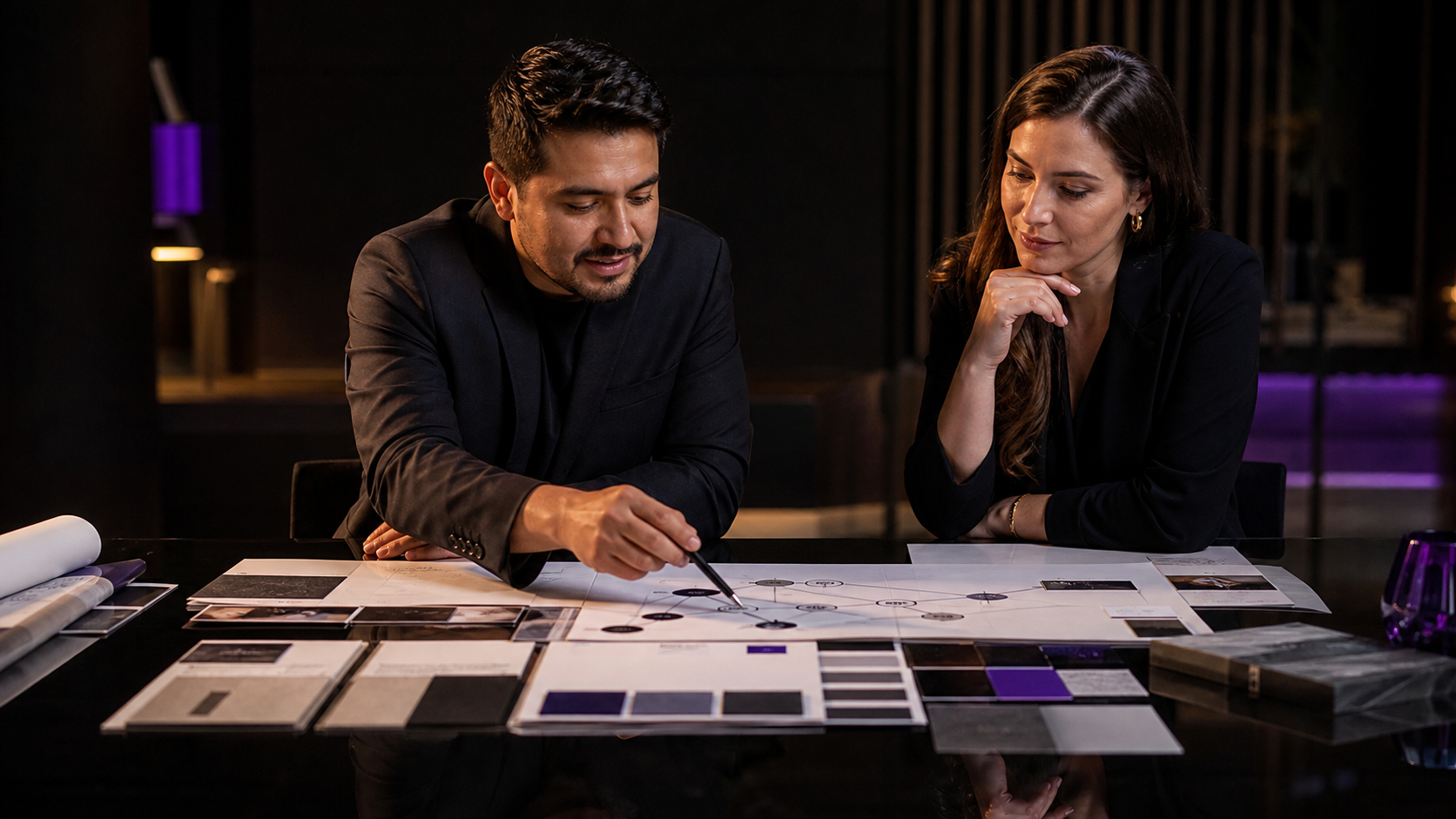 Equipo revisando un mapa estratégico de negocio